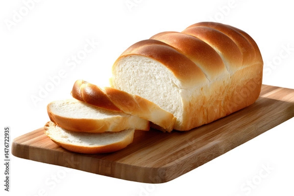 Fototapeta Freshly Baked Loaf of Bread: Close-up of a golden, freshly baked loaf of bread with a few slices cut, displayed on a wooden cutting board.