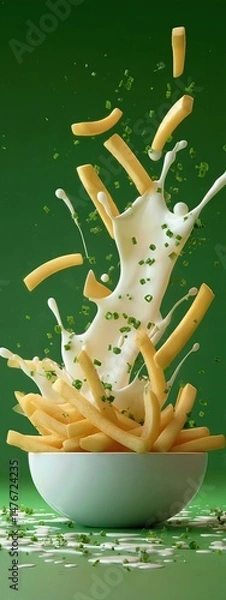 Obraz crispy tasty potato fries chips with mild white sauce and chopped vegetables . aspect ratio 3:8