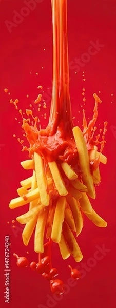 Obraz crispy tasty potato fries chips with ketchup red sauce sauce  . aspect ratio 3:8