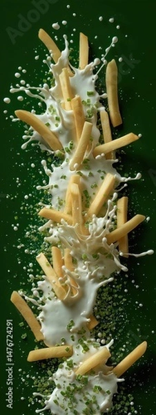 Obraz crispy tasty potato fries chips with mild white sauce and chopped vegetables . aspect ratio 3:8