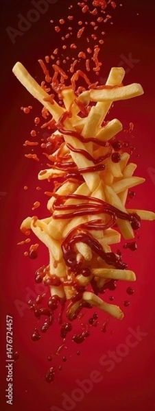 Obraz crispy tasty potato fries chips with ketchup red sauce sauce  . aspect ratio 3:8