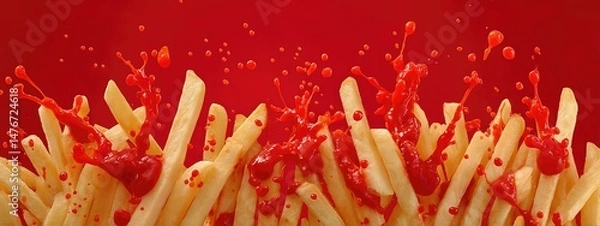 Obraz crispy tasty potato fries chips with ketchup red sauce sauce  . aspect ratio 8:3