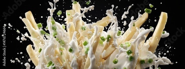 Obraz crispy tasty potato fries chips with mild white sauce and chopped vegetables . aspect ratio 16:9