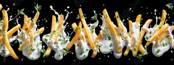 Obraz crispy tasty potato fries chips with mild white sauce and chopped vegetables . aspect ratio 8:3