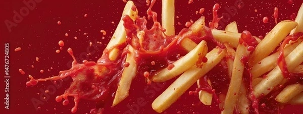 Obraz crispy tasty potato fries chips with ketchup red sauce sauce  . aspect ratio 8:3
