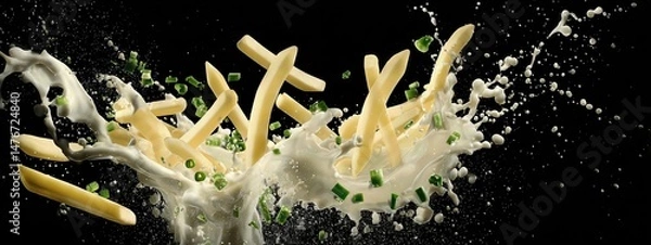 Obraz crispy tasty potato fries chips with mild white sauce and chopped vegetables . aspect ratio 8:3
