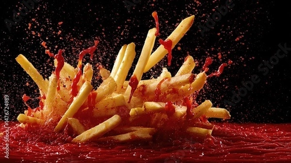 Obraz crispy tasty potato fries chips with ketchup red sauce sauce  . aspect ratio 16:9