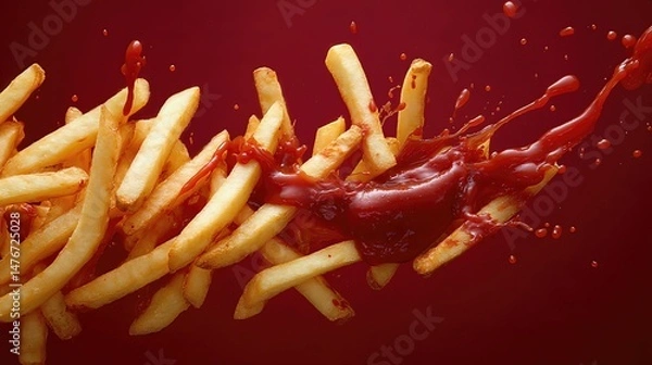 Obraz crispy tasty potato fries chips with ketchup red sauce sauce  . aspect ratio 16:9