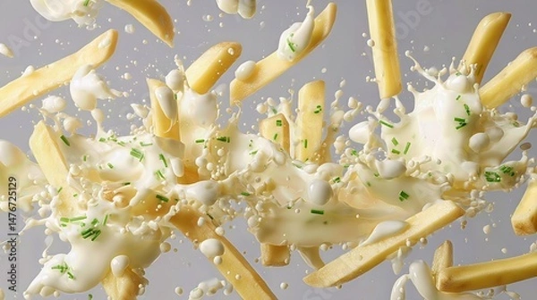 Obraz crispy tasty potato fries chips with mild white sauce and chopped vegetables . aspect ratio 16:9