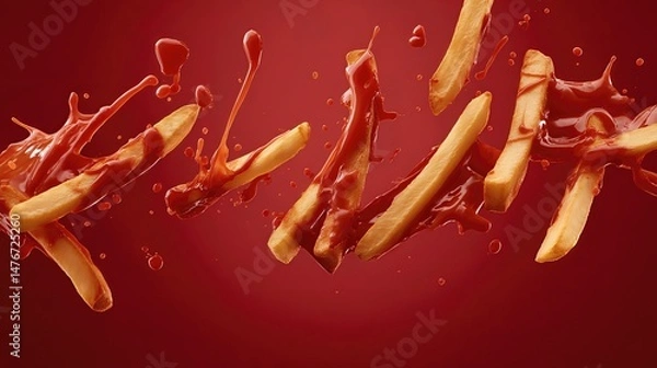 Obraz crispy tasty potato fries chips with ketchup red sauce sauce  . aspect ratio 16:9