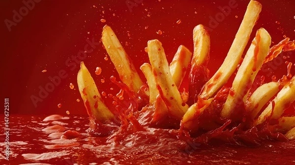Obraz crispy tasty potato fries chips with ketchup red sauce sauce  . aspect ratio 16:9