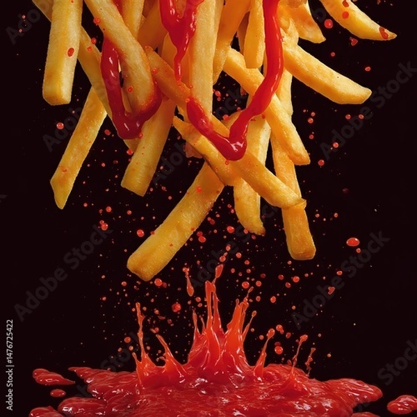 Obraz crispy tasty potato fries chips with ketchup red sauce sauce  . aspect ratio 1:1
