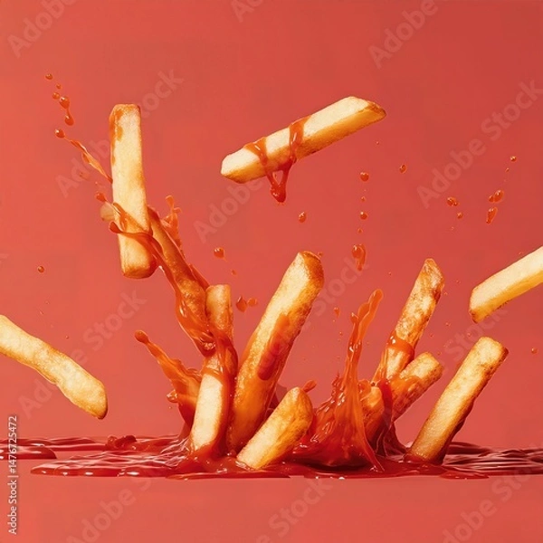 Obraz crispy tasty potato fries chips with ketchup red sauce sauce  . aspect ratio 1:1
