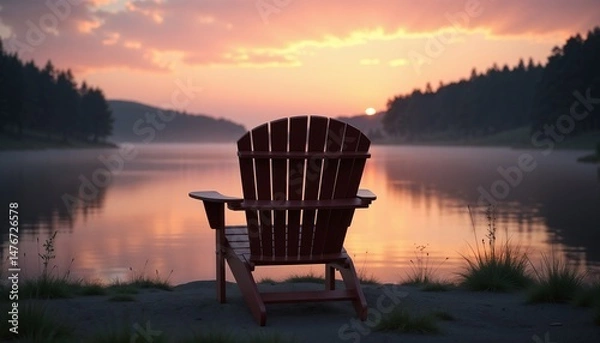 Obraz Empty chair facing calm lake at dusk in warm fading light