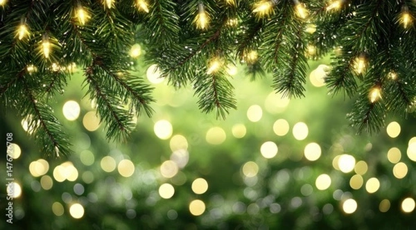 Obraz Festive Christmas greenery with warm lights.  Emerald boughs draped with twinkling fairy lights create a backdrop of soft, glowing bokeh