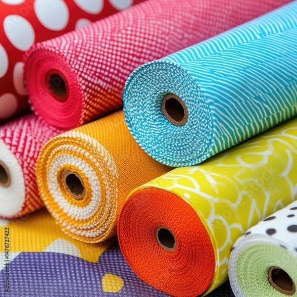 Obraz Colorful fabric rolls in various patterns and colors.  Rolls of patterned fabric, with circles, dots, stripes and other designs. Vibrant hues like red, blue, orange, yellow, and green.  Close-up