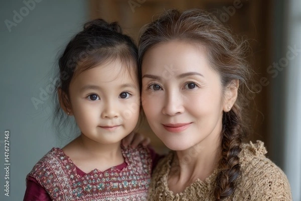 Fototapeta Tender Moments: A heartwarming portrait of a grandmother and granddaughter, showcasing a serene and loving connection.
