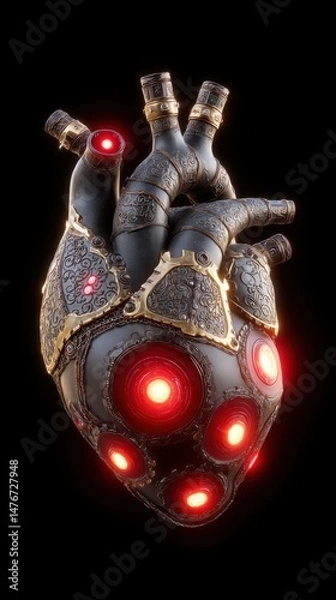Fototapeta Futuristic Mechanical Heart Glowing Red Lights Steampunk Design Technology