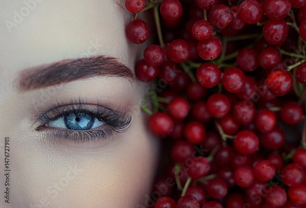Fototapeta Close-up of a woman's blue eye in red berries.