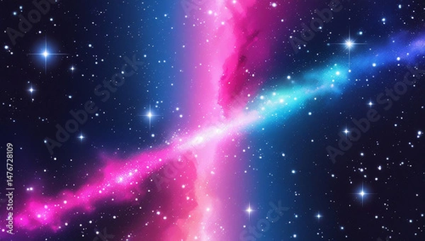 Fototapeta Digital Cosmic Illustration – Pink & Blue Nebula with Stars, Horizontal Gradient Galaxy Art, Vibrant Celestial Background Design