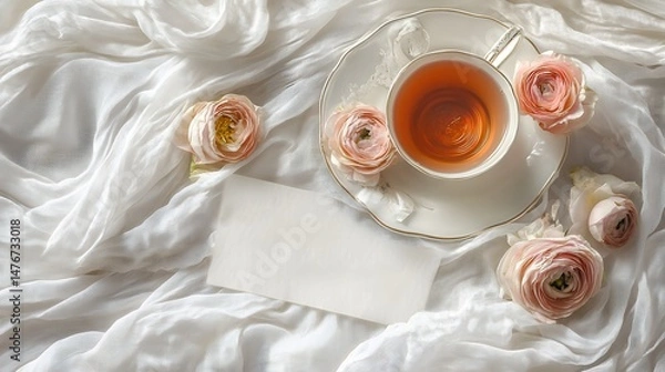 Fototapeta Elegant Teacup Roses Soft Fabric White Background Mockup Design pink card calm blank style image