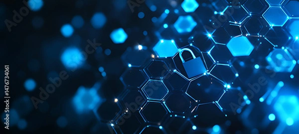 Fototapeta Abstract Blue Hexagon Network with Padlock Cybersecurity Concept