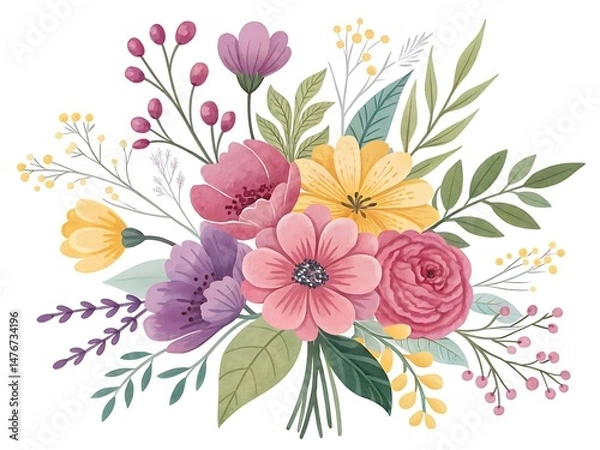 Fototapeta Watercolor Flower Bouquet Arrangement with Roses and Berries on White Background