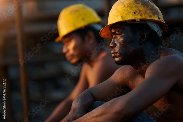 Fototapeta Workers taking a moment's respite under the warm glow of sunset at a construction site, reflecting their dedication to labor and resilience