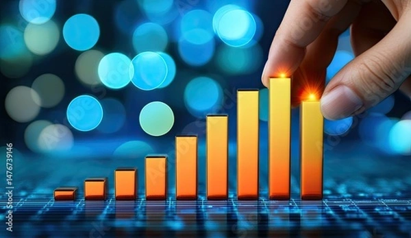 Obraz Hand placing a glowing bar on a rising chart, symbolizing growth.  The chart is orange/yellow and sits on a dark blue background with bokeh lights