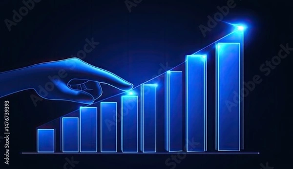 Obraz A hand guides a rising bar graph, signifying growth and progress.  The glowing blue graph and hand depict a concept of digital progress