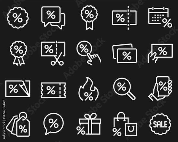 Fototapeta A simple set of vector line icons related to discount. Contains icons such as coupon, ribbon with percent sign, discount code and more white
