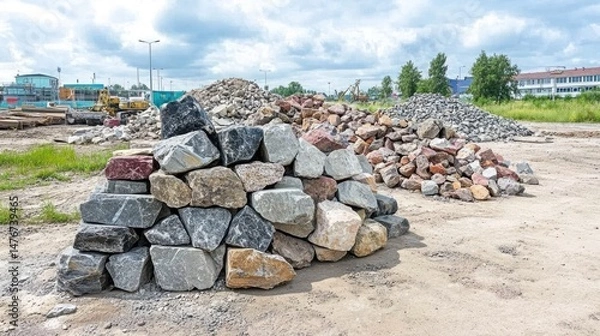 Fototapeta Pile of imported construction stones stacked neatly at a building site