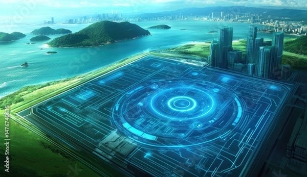 Obraz Futuristic city island complex with advanced technology overlay.  Large, paved area with glowing blue circuits and circular displays.  Surrounded by lush green landscape, ocean, and cityscape