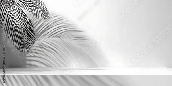 Obraz 3d render mockup podium stand table shelf. Black white abstract background. Palm tree leaf shadow. Nature. Light gray. Design beauty product cosmetics. Wall stage room studio.

