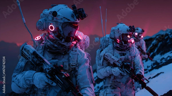 Fototapeta Futuristic soldiers navigate icy terrain under a vibrant twilight sky, prepared for an unknown mission in an alien landscape
