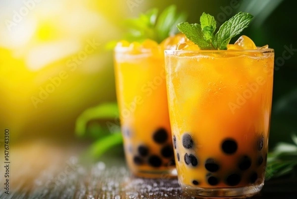 Fototapeta Tropical Mango Bubble Tea with Ice and Mint – Refreshing Summer Beverage. Beverage promotions, café advertisements, food blogs, menu design, and tropical lifestyle branding.