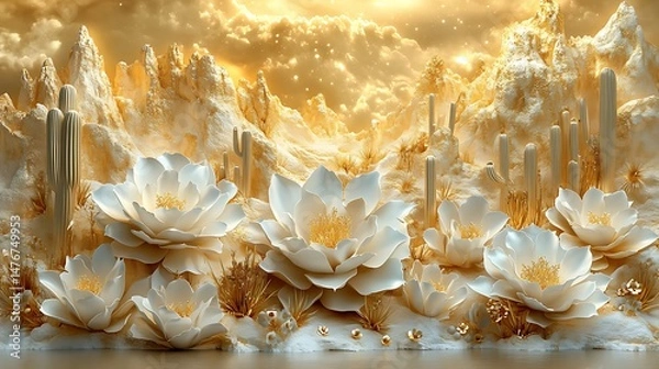 Fototapeta Embossed desert scene with blooming cacti and radiant golden background high resolution image