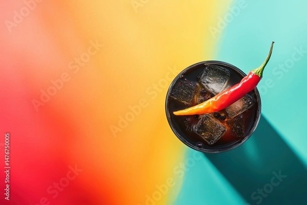 Fototapeta Spicy Cocktail with Red Chili on Ice – Bold Summer Beverage Concept. bar promotions, cocktail menus, summer party flyers, beverage branding, or modern food and drink blogs