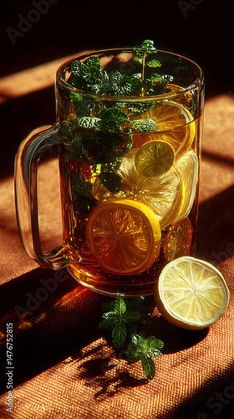 Fototapeta Refreshing cold drink with lemon slices and mint leaves on a warm summer day by the window with soft shadows