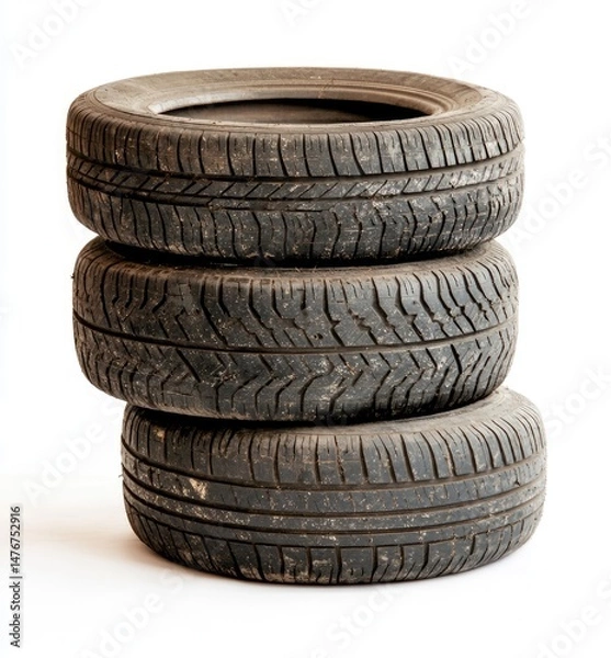 Fototapeta Three used tires stacked vertically, showing dark tread patterns and dirt