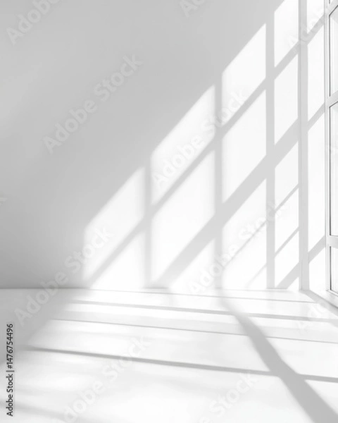 Fototapeta Minimalist Interior with Sunlight Streaming Through Window Casting Shadows on White Wall and Floor in Empty Room