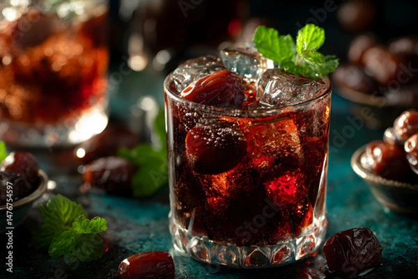 Fototapeta Refreshing beverage garnished with mint leaves and served with dates in a vibrant setting