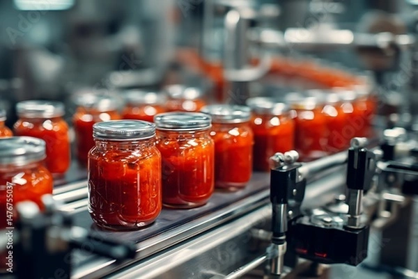 Obraz Jars of tomato sauce moving on conveyor belt in food processing plant