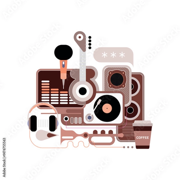 Obraz Artistic composition of color musical and audio objects isolated on a white background Sound Recording Studio vector illustration.