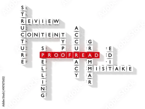 Fototapeta Flat crossword puzzle showing proofreading keywords as dice