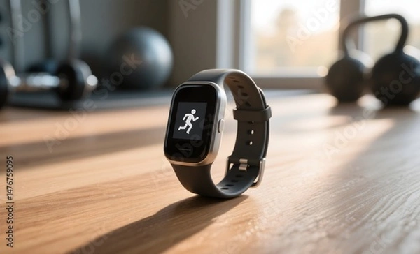 Obraz Modern Fitness Tracker with Digital Display on Wooden Surface in Morning Sunlight with Exercise Equipment Background