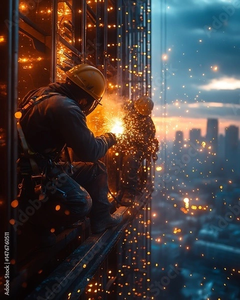 Fototapeta Brave construction workers welding metal beams on skyscraper during twilight city skyline high resolution image