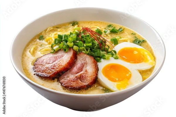 Fototapeta Japanese Cuisine - Ramen Soup with Beef, Eggs and Herbs