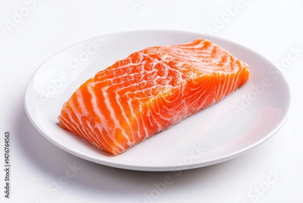 Fototapeta Raw salmon fillet on white plate, isolated on white background.
