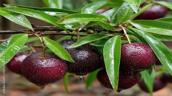 Obraz Fruits hang on a branch with leaves.